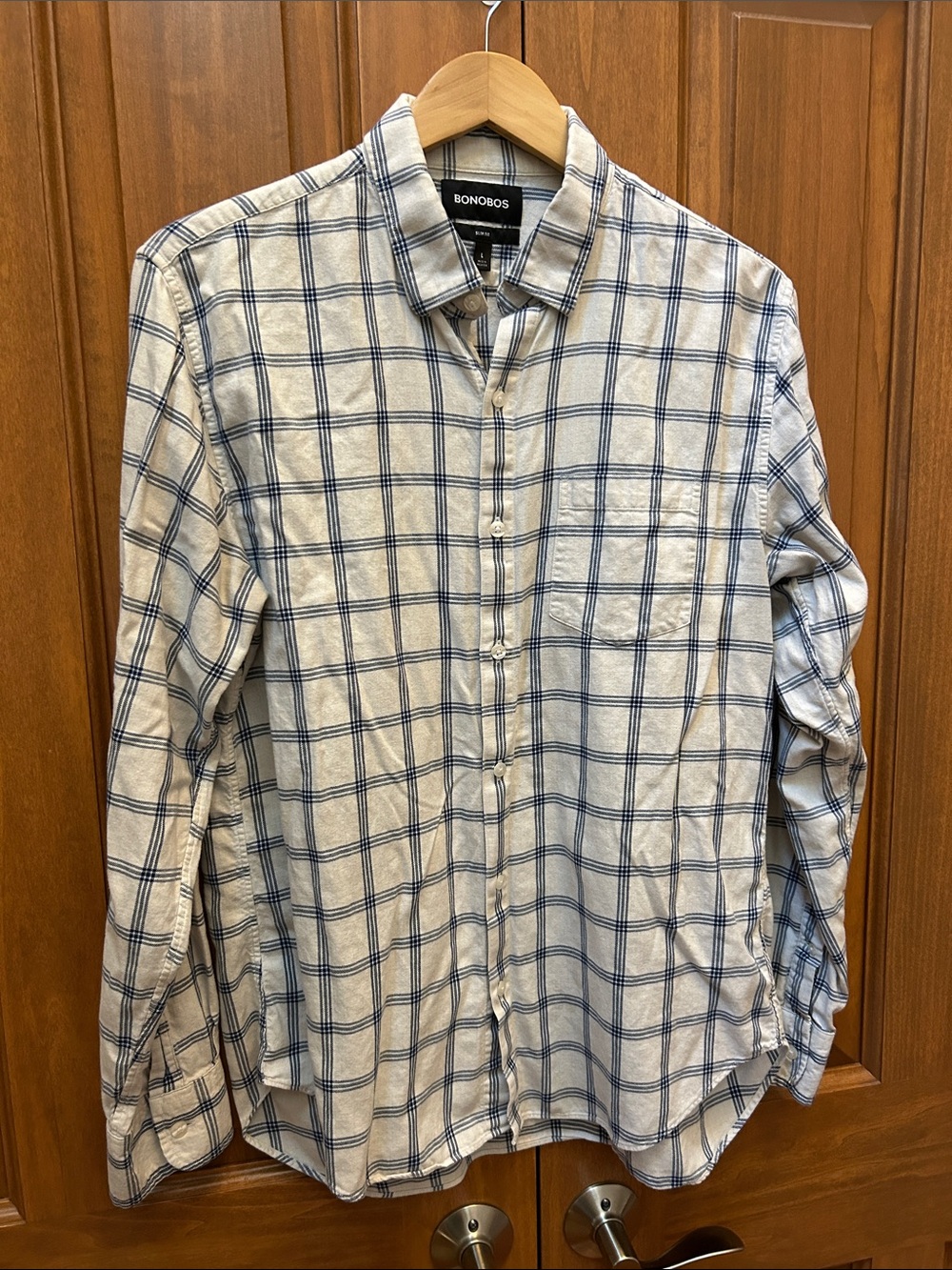 Bonobos White and Blue Windowpane Button-Down Shirt size large slim fit